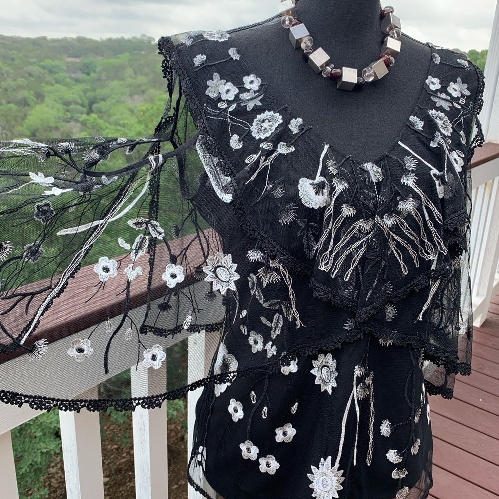 Kobi‎ Halperin Black Embroidery Floral Blouse